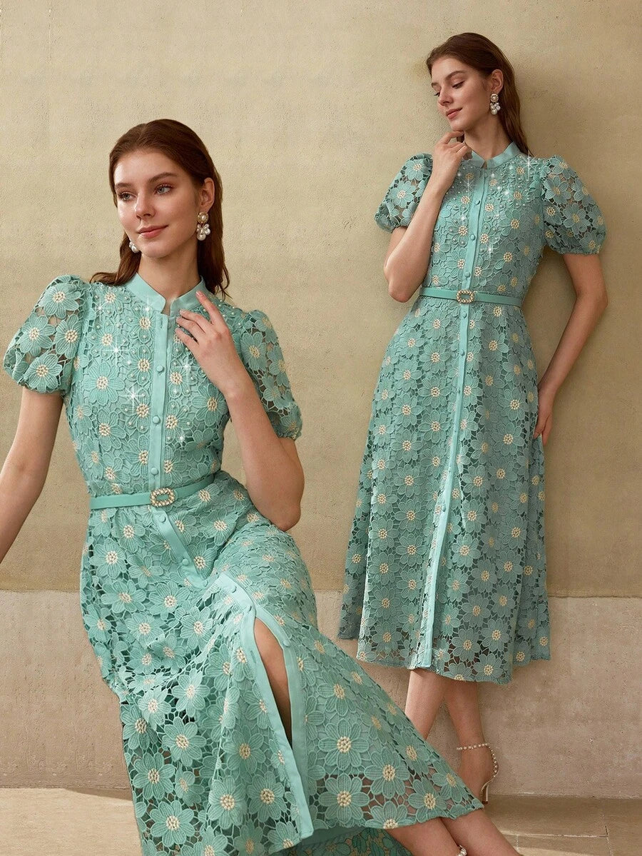 MOTF PREMIUM Vestido com Ajuste de Cintura, Colarinho Estampado, Mangas Bufantes, Bordado Floral, Comprimento Até a Altura da Panturrilha