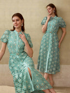 MOTF PREMIUM Vestido com Ajuste de Cintura, Colarinho Estampado, Mangas Bufantes, Bordado Floral, Comprimento Até a Altura da Panturrilha