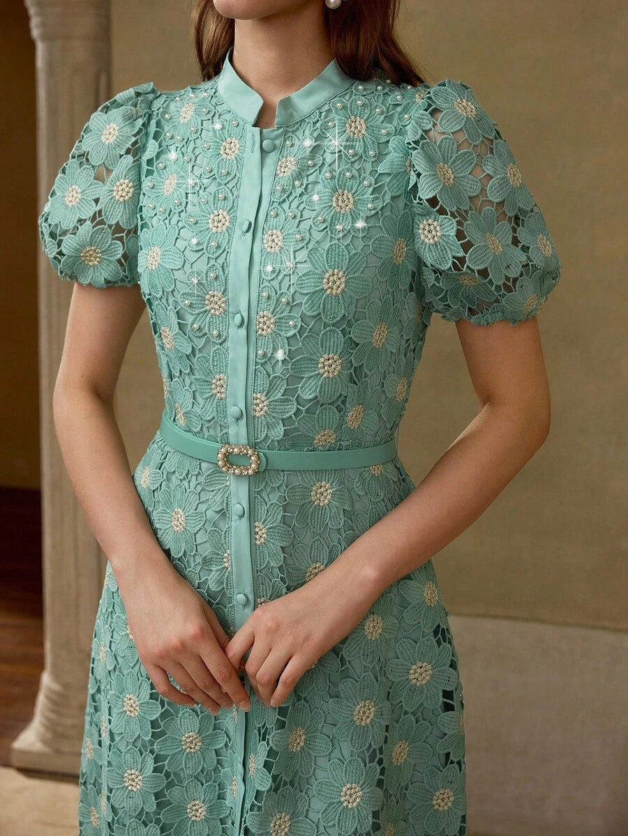 MOTF PREMIUM Vestido com Ajuste de Cintura, Colarinho Estampado, Mangas Bufantes, Bordado Floral, Comprimento Até a Altura da Panturrilha