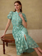 MOTF PREMIUM Vestido com Ajuste de Cintura, Colarinho Estampado, Mangas Bufantes, Bordado Floral, Comprimento Até a Altura da Panturrilha