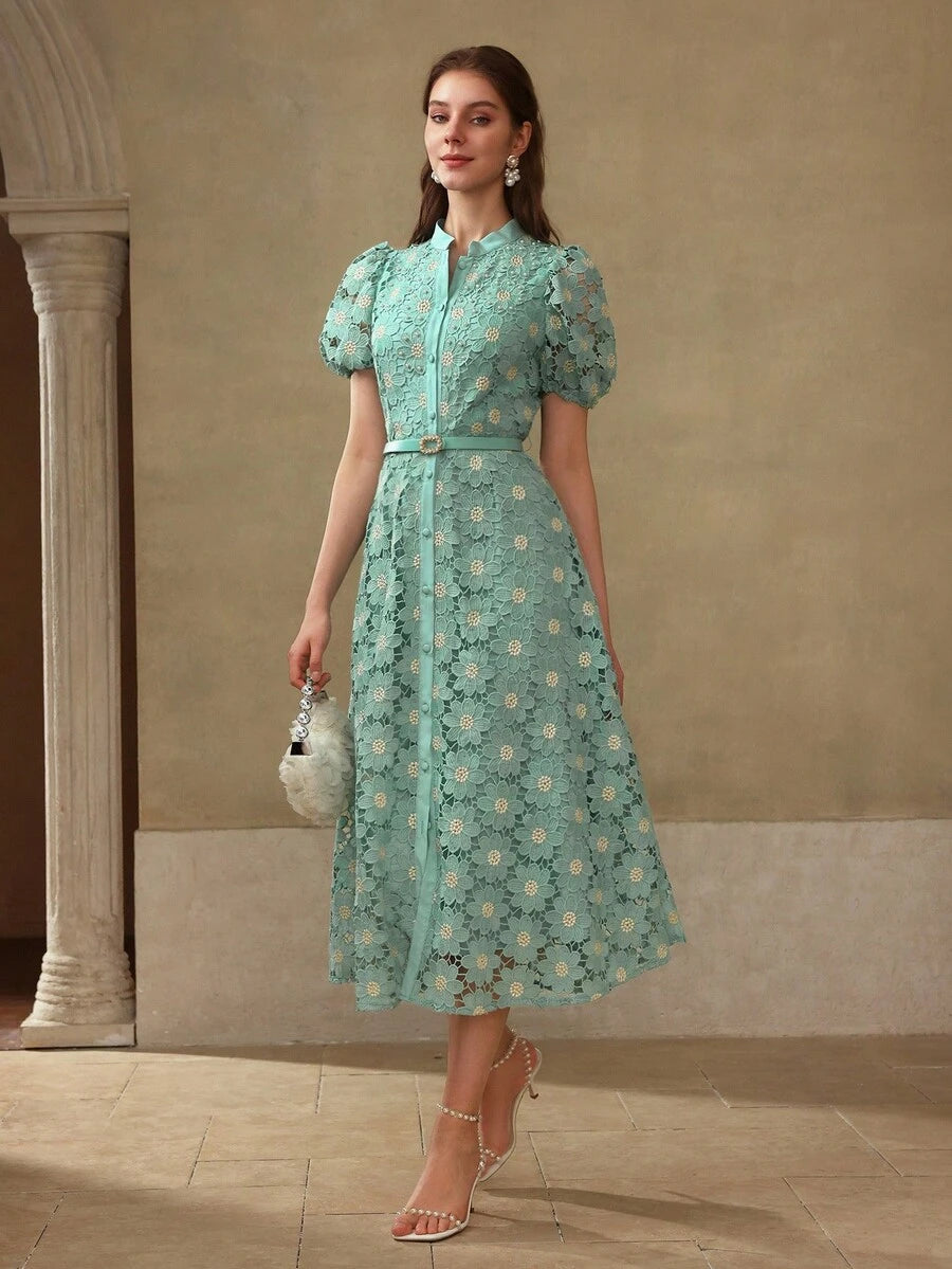 MOTF PREMIUM Vestido com Ajuste de Cintura, Colarinho Estampado, Mangas Bufantes, Bordado Floral, Comprimento Até a Altura da Panturrilha