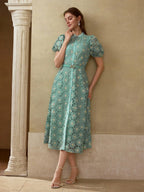 MOTF PREMIUM Vestido com Ajuste de Cintura, Colarinho Estampado, Mangas Bufantes, Bordado Floral, Comprimento Até a Altura da Panturrilha