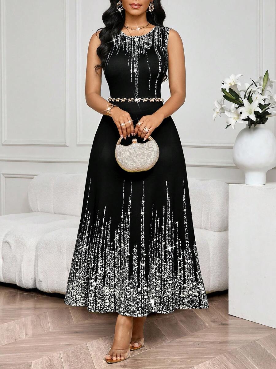 SHEIN Lady Vestido Feminino Elegante Sem Mangas de Gola Redonda com Estampa Completa