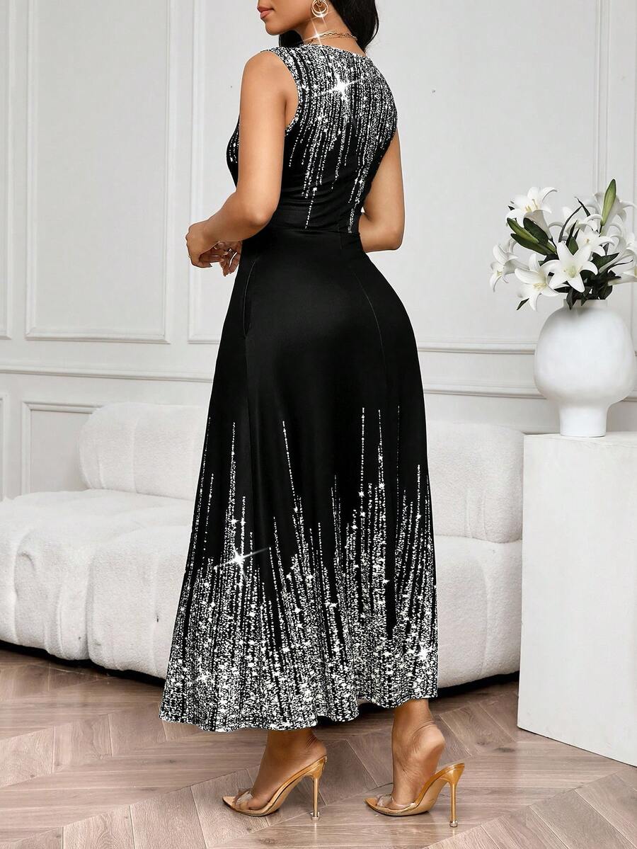 SHEIN Lady Vestido Feminino Elegante Sem Mangas de Gola Redonda com Estampa Completa