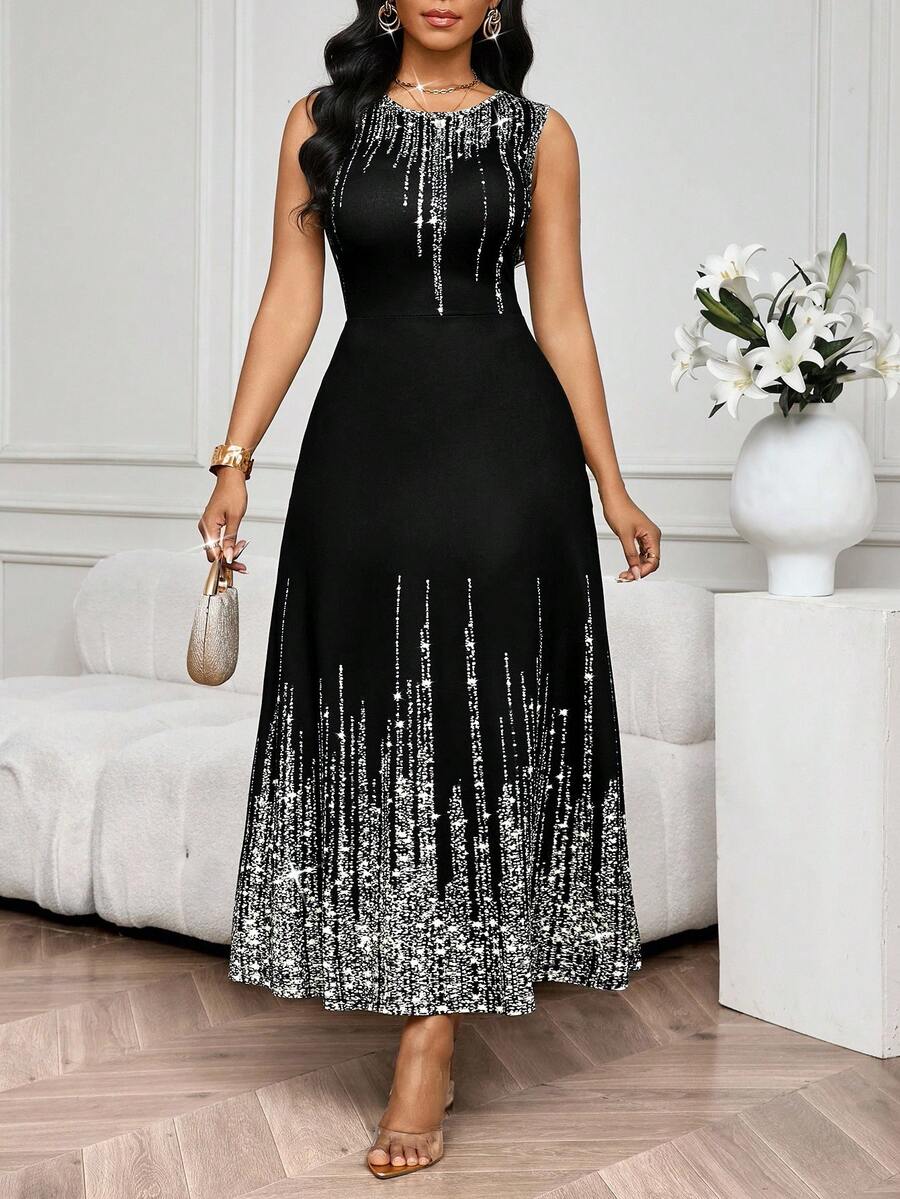 SHEIN Lady Vestido Feminino Elegante Sem Mangas de Gola Redonda com Estampa Completa