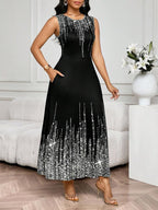 SHEIN Lady Vestido Feminino Elegante Sem Mangas de Gola Redonda com Estampa Completa