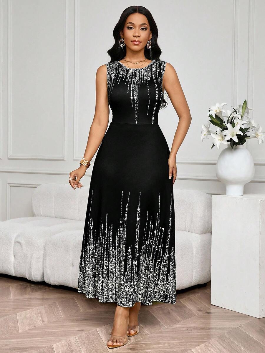 SHEIN Lady Vestido Feminino Elegante Sem Mangas de Gola Redonda com Estampa Completa