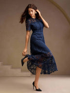 Anewsta Vestido Feminino de Manga Curta Bege com Painel Plissado, Splice de Renda Elegante e Gracioso