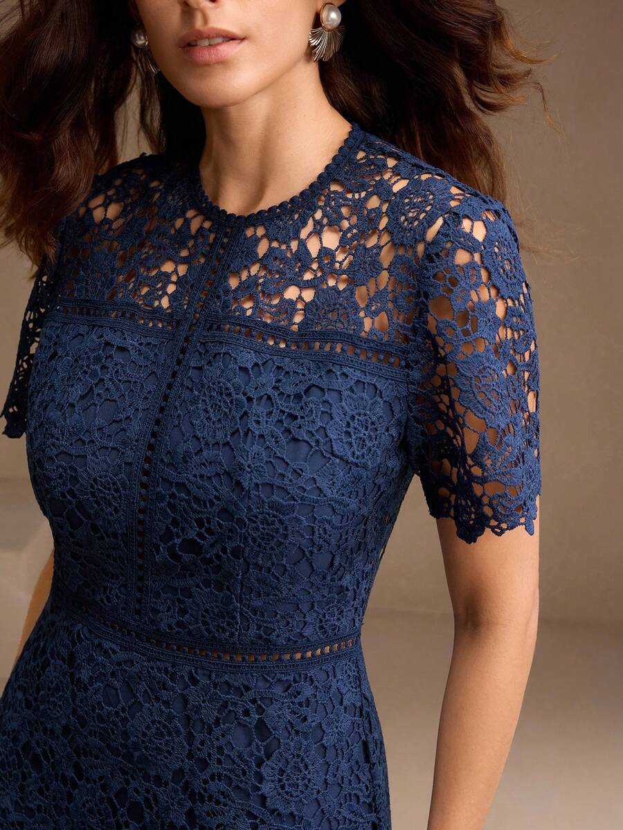 Anewsta Vestido Feminino de Manga Curta Bege com Painel Plissado, Splice de Renda Elegante e Gracioso