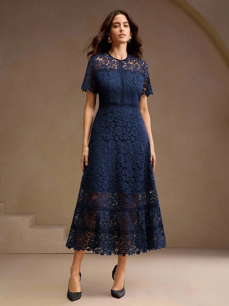 Anewsta Vestido Feminino de Manga Curta Bege com Painel Plissado, Splice de Renda Elegante e Gracioso