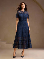 Anewsta Vestido Feminino de Manga Curta Bege com Painel Plissado, Splice de Renda Elegante e Gracioso