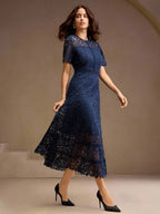 Anewsta Vestido Feminino de Manga Curta Bege com Painel Plissado, Splice de Renda Elegante e Gracioso