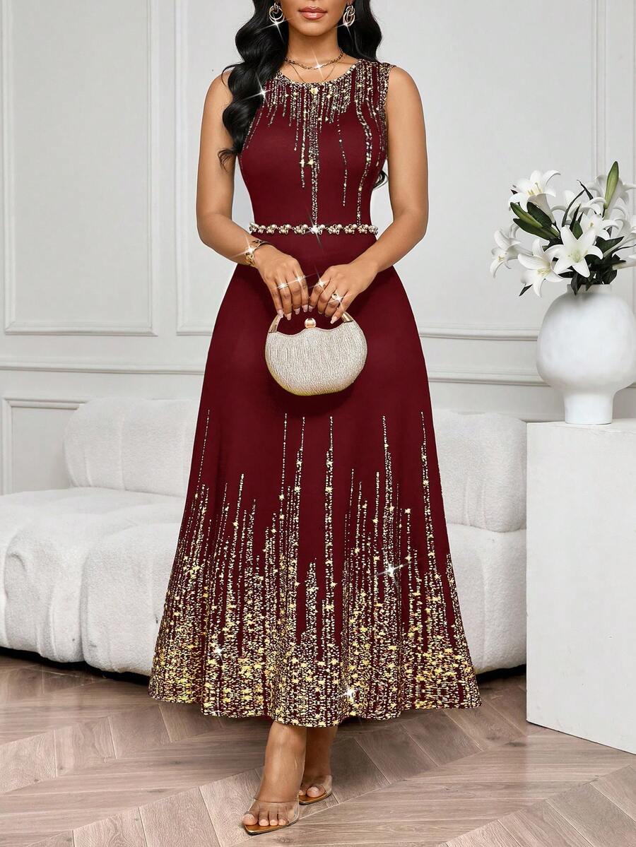 SHEIN Lady Vestido Feminino Elegante Sem Mangas de Gola Redonda com Estampa Completa