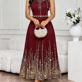 SHEIN Lady Vestido Feminino Elegante Sem Mangas de Gola Redonda com Estampa Completa