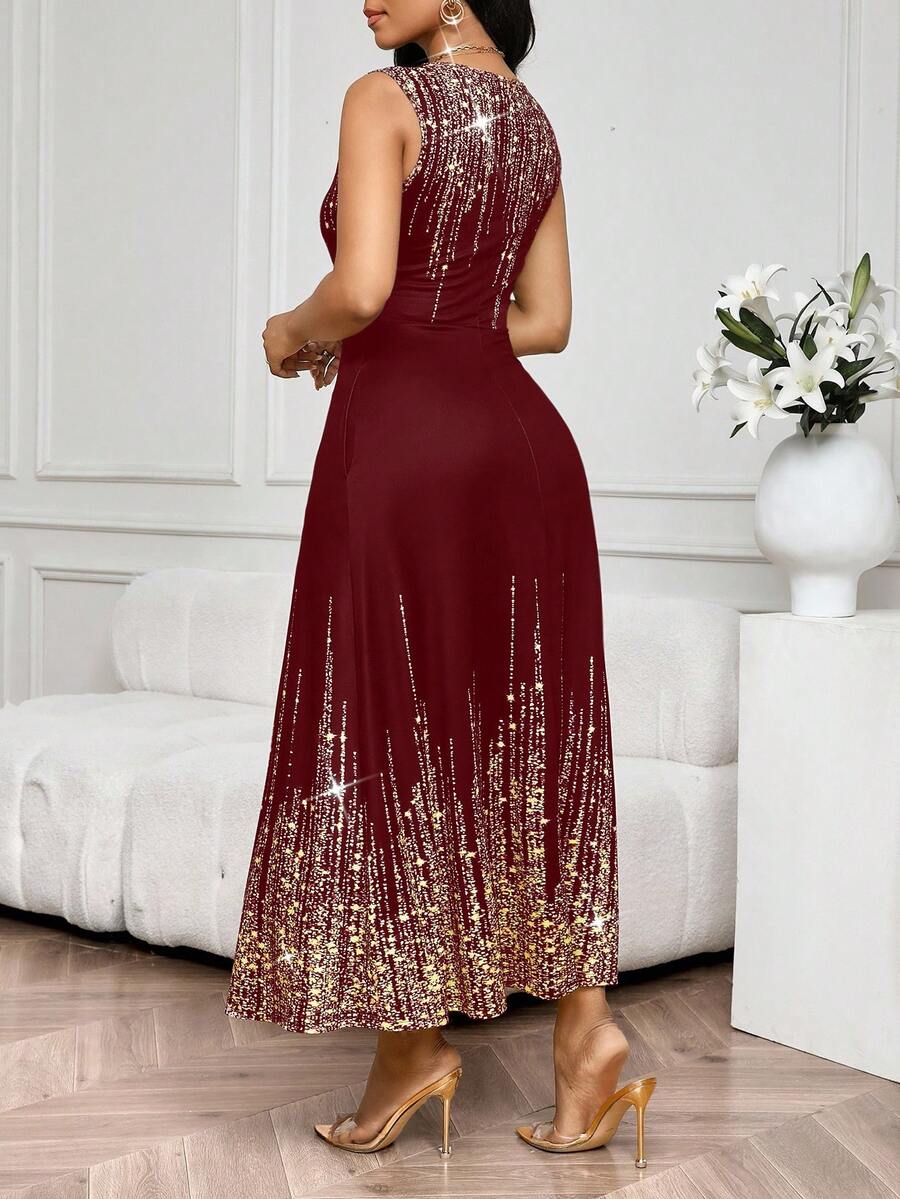 SHEIN Lady Vestido Feminino Elegante Sem Mangas de Gola Redonda com Estampa Completa