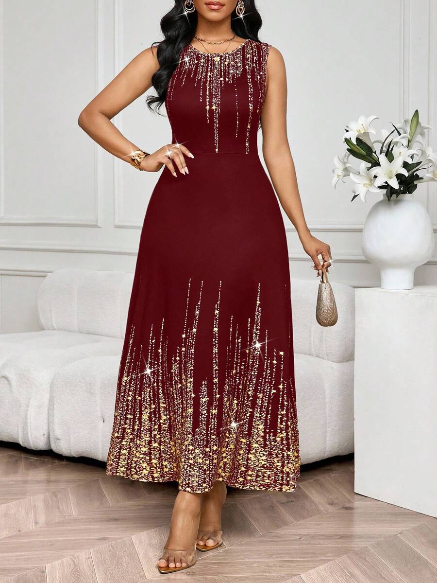 SHEIN Lady Vestido Feminino Elegante Sem Mangas de Gola Redonda com Estampa Completa