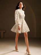 Anewsta Vestido Elegante Feminino de Outono com Gola Alta, Manga Farol, Cintura Marcada e Tule Bordado Floral