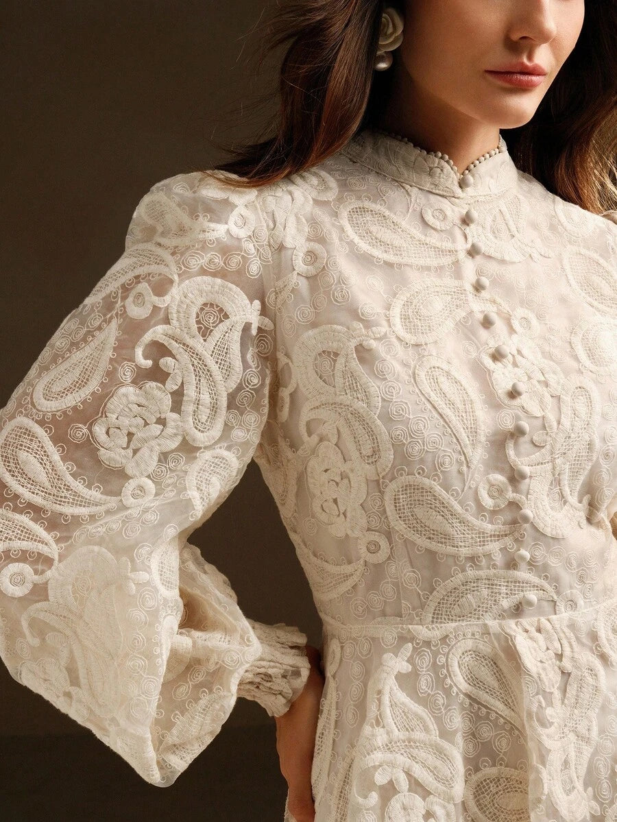 Anewsta Vestido Elegante Feminino de Outono com Gola Alta, Manga Farol, Cintura Marcada e Tule Bordado Floral