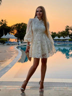 Anewsta Vestido Elegante Feminino de Outono com Gola Alta, Manga Farol, Cintura Marcada e Tule Bordado Floral