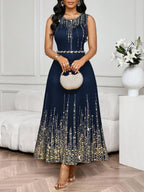 SHEIN Lady Vestido Feminino Elegante Sem Mangas de Gola Redonda com Estampa Completa