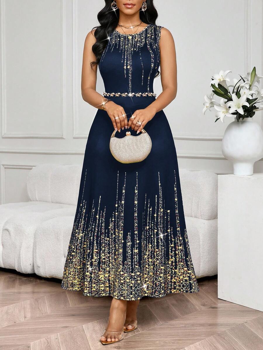 SHEIN Lady Vestido Feminino Elegante Sem Mangas de Gola Redonda com Estampa Completa