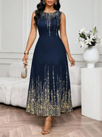 SHEIN Lady Vestido Feminino Elegante Sem Mangas de Gola Redonda com Estampa Completa