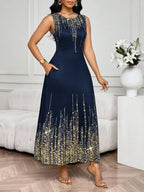 SHEIN Lady Vestido Feminino Elegante Sem Mangas de Gola Redonda com Estampa Completa