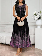 SHEIN Lady Vestido Feminino Elegante Sem Mangas de Gola Redonda com Estampa Completa