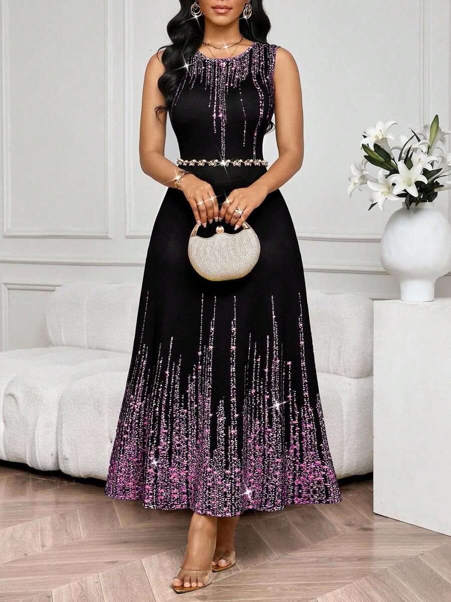 SHEIN Lady Vestido Feminino Elegante Sem Mangas de Gola Redonda com Estampa Completa