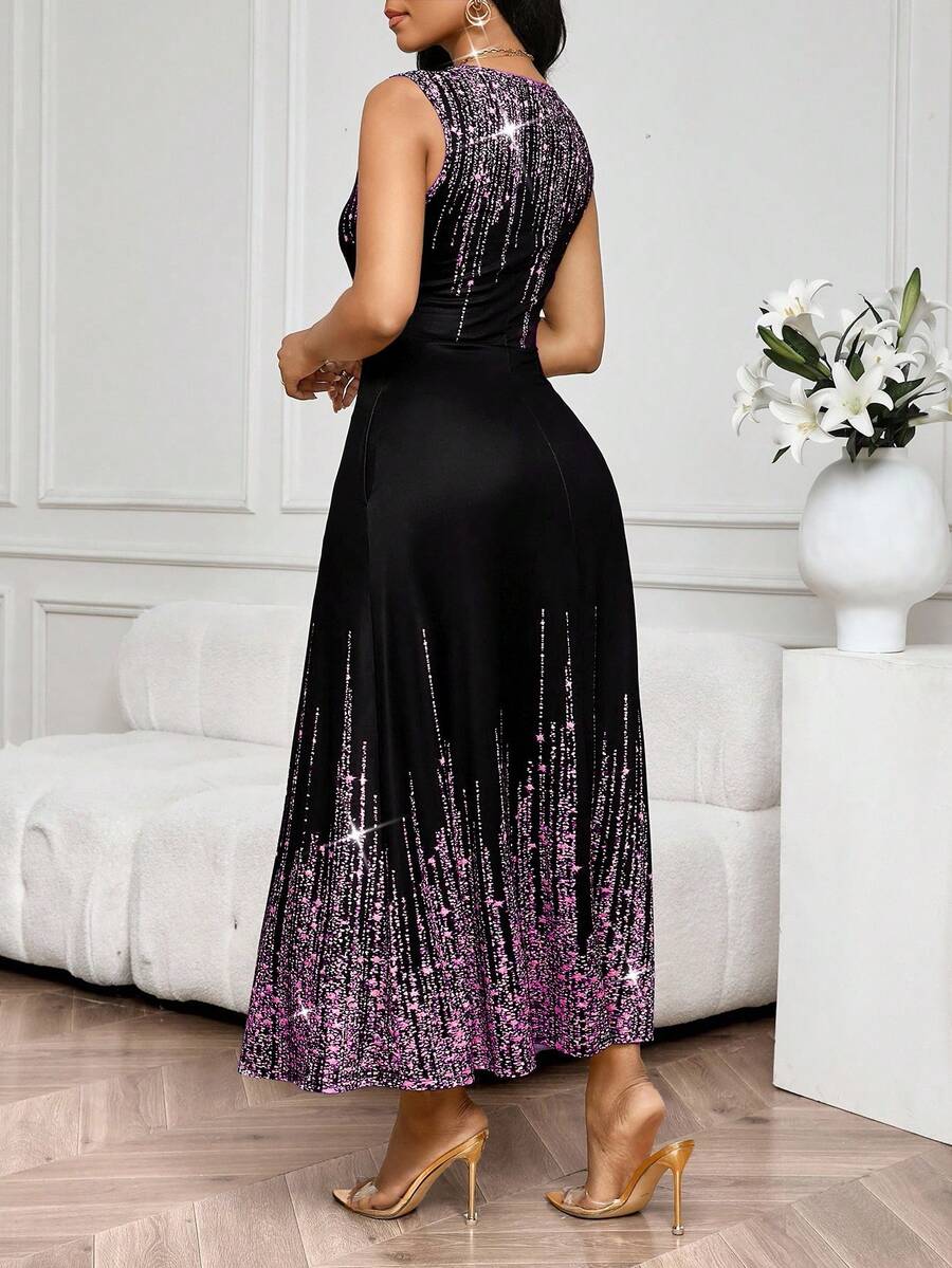 SHEIN Lady Vestido Feminino Elegante Sem Mangas de Gola Redonda com Estampa Completa