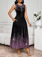 SHEIN Lady Vestido Feminino Elegante Sem Mangas de Gola Redonda com Estampa Completa