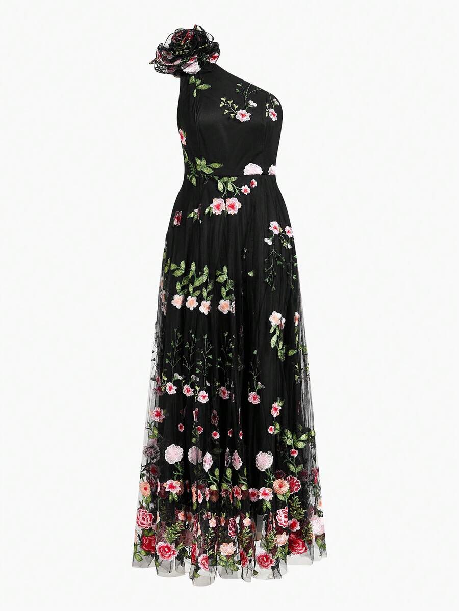 ZEYLAH Vestido Assimétrico de Renda Bordada com Flor 3D para Festa Elegante Feminino