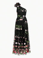 ZEYLAH Vestido Assimétrico de Renda Bordada com Flor 3D para Festa Elegante Feminino