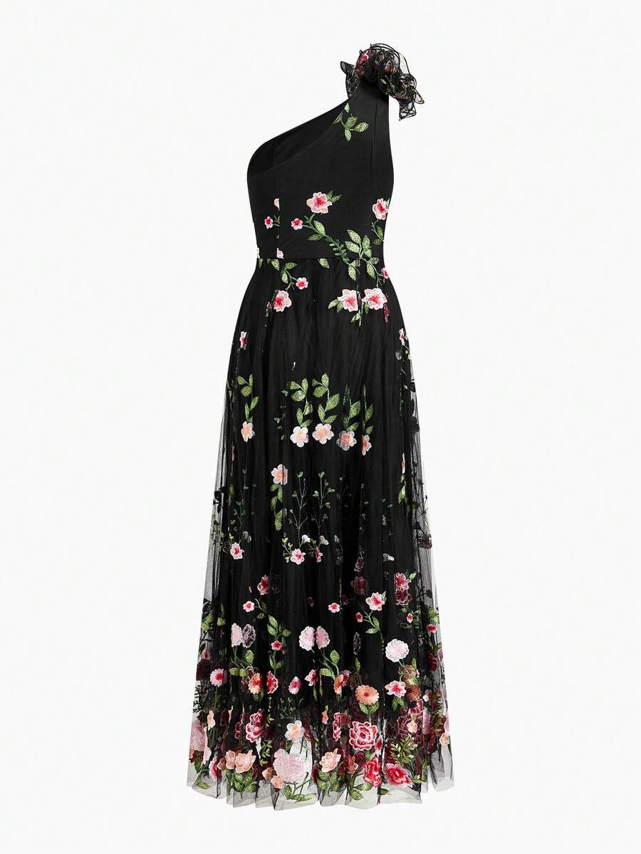 ZEYLAH Vestido Assimétrico de Renda Bordada com Flor 3D para Festa Elegante Feminino