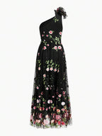 ZEYLAH Vestido Assimétrico de Renda Bordada com Flor 3D para Festa Elegante Feminino