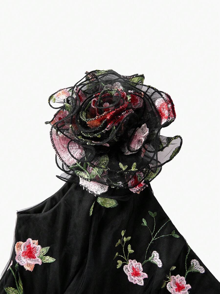 ZEYLAH Vestido Assimétrico de Renda Bordada com Flor 3D para Festa Elegante Feminino