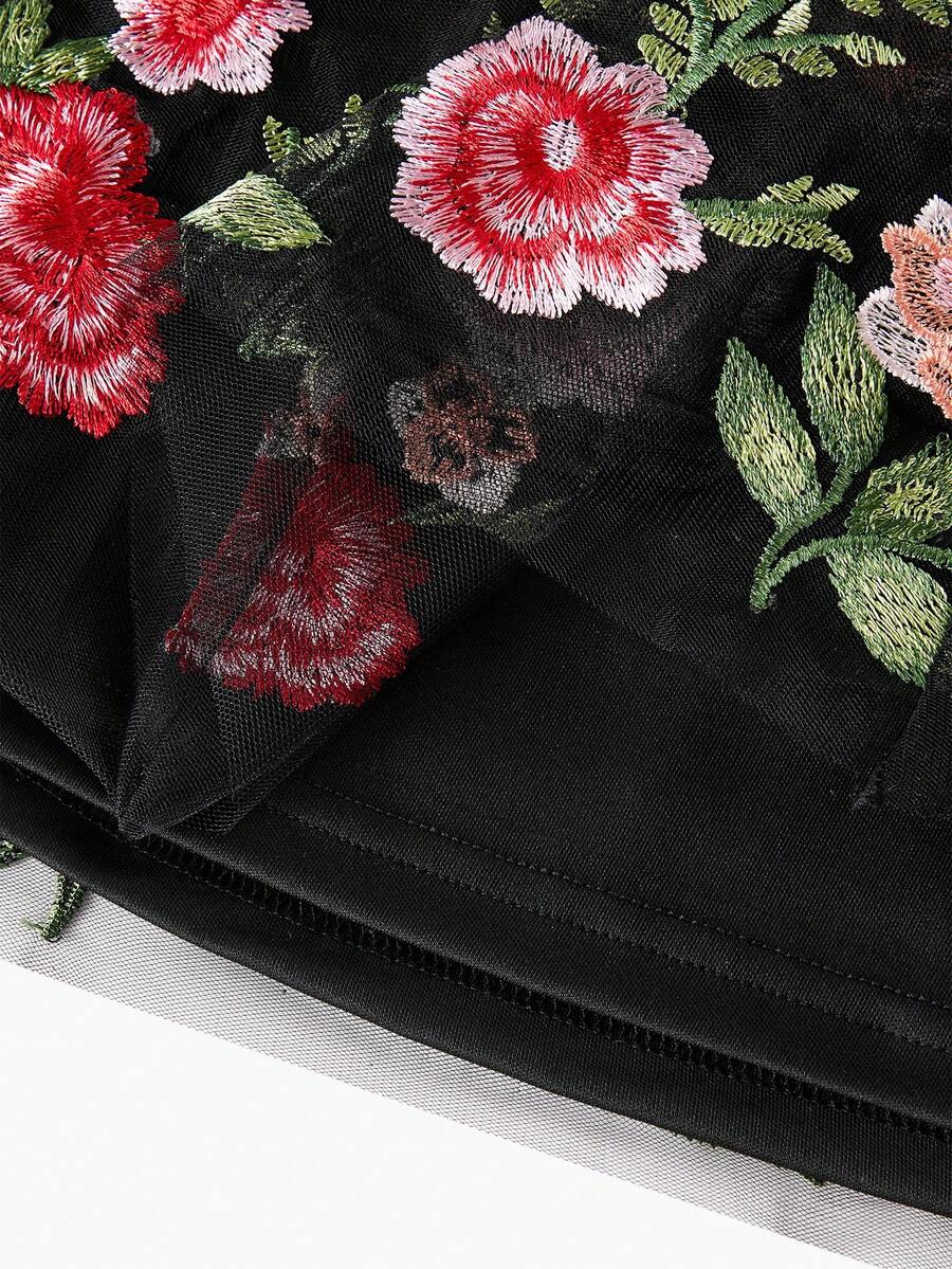 ZEYLAH Vestido Assimétrico de Renda Bordada com Flor 3D para Festa Elegante Feminino