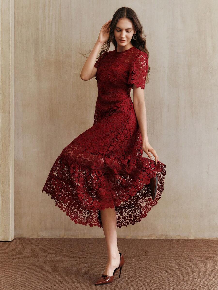 Anewsta Vestido Feminino de Manga Curta Bege com Painel Plissado, Splice de Renda Elegante e Gracioso