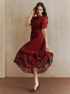 Anewsta Vestido Feminino de Manga Curta Bege com Painel Plissado, Splice de Renda Elegante e Gracioso