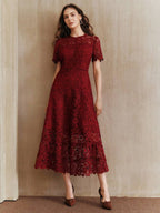 Anewsta Vestido Feminino de Manga Curta Bege com Painel Plissado, Splice de Renda Elegante e Gracioso