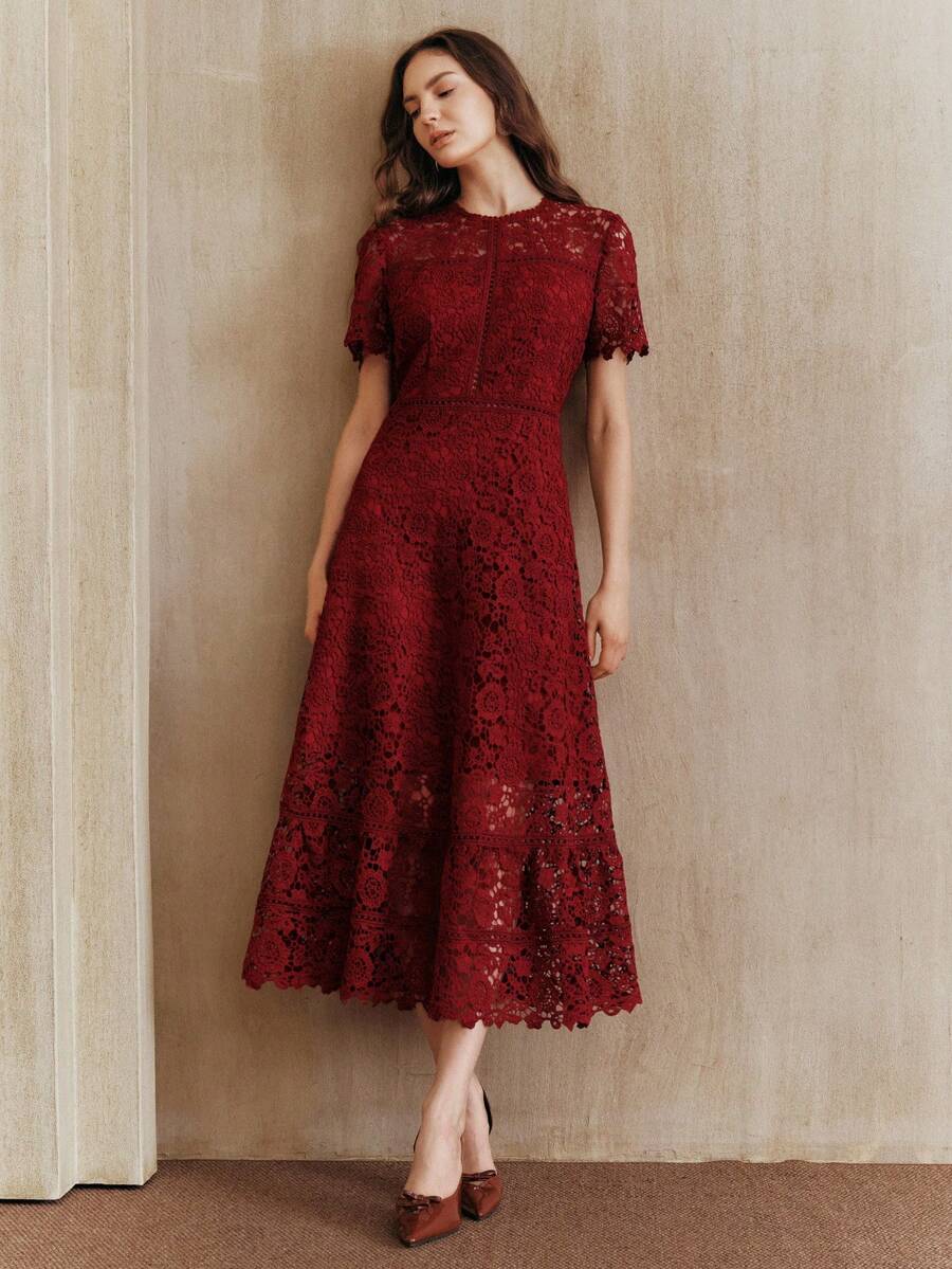 Anewsta Vestido Feminino de Manga Curta Bege com Painel Plissado, Splice de Renda Elegante e Gracioso