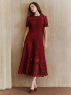 Anewsta Vestido Feminino de Manga Curta Bege com Painel Plissado, Splice de Renda Elegante e Gracioso