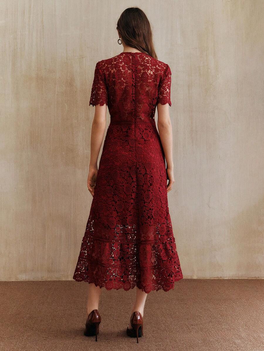 Anewsta Vestido Feminino de Manga Curta Bege com Painel Plissado, Splice de Renda Elegante e Gracioso