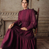 Anewsta Vestido Elegante Estilo Francês Vermelho Borgonha, Cintura Marcada, Ajuste Slim, Recortes em Renda Vazada, Vestido Evasê para Mulheres
