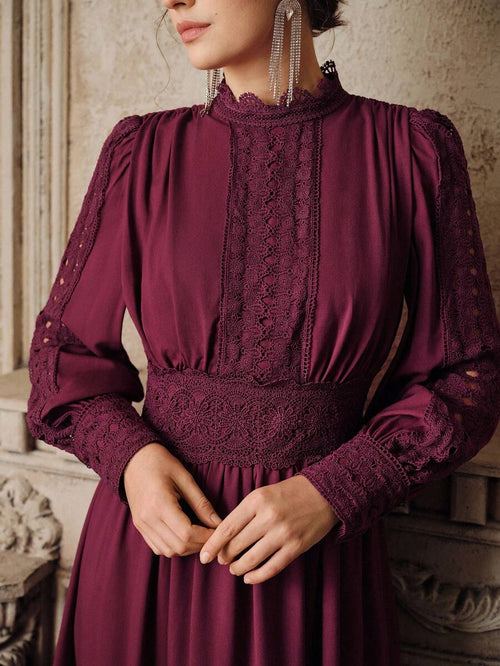 Anewsta Vestido Elegante Estilo Francês Vermelho Borgonha, Cintura Marcada, Ajuste Slim, Recortes em Renda Vazada, Vestido Evasê para Mulheres