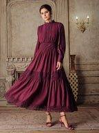 Anewsta Vestido Elegante Estilo Francês Vermelho Borgonha, Cintura Marcada, Ajuste Slim, Recortes em Renda Vazada, Vestido Evasê para Mulheres