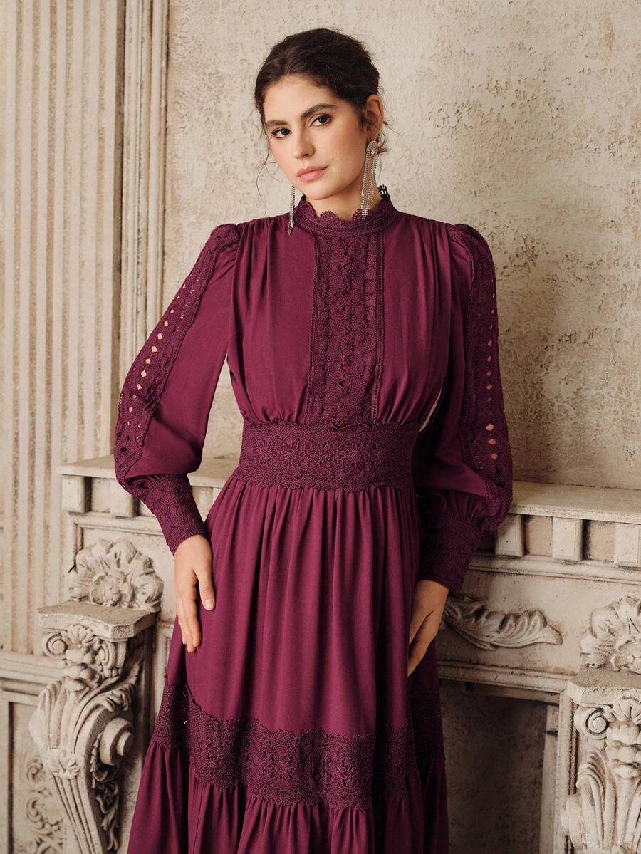 Anewsta Vestido Elegante Estilo Francês Vermelho Borgonha, Cintura Marcada, Ajuste Slim, Recortes em Renda Vazada, Vestido Evasê para Mulheres