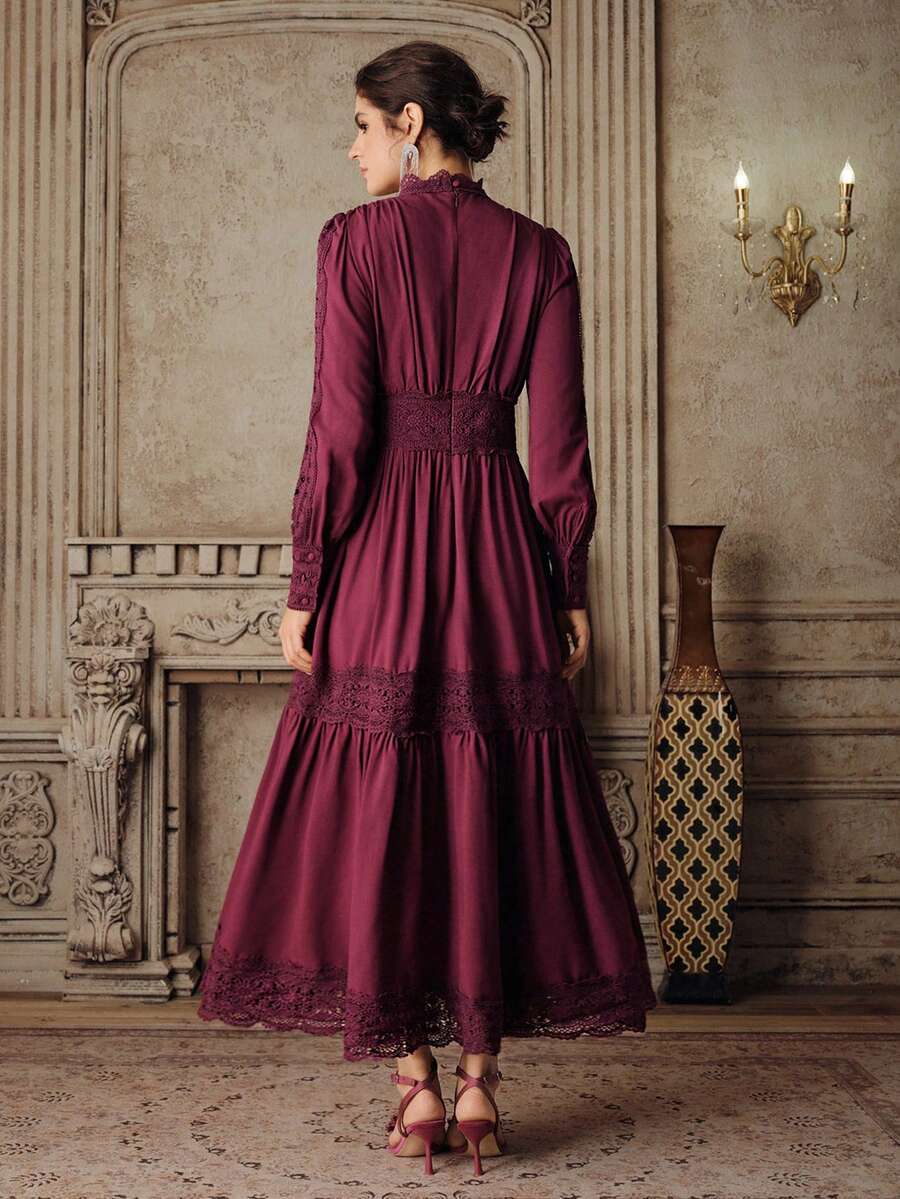 Anewsta Vestido Elegante Estilo Francês Vermelho Borgonha, Cintura Marcada, Ajuste Slim, Recortes em Renda Vazada, Vestido Evasê para Mulheres