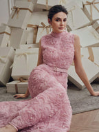 Anewsta Vestido Floral 3D de Gola Alta sem Mangas, Tecido Bordado, Vestido Cinturado Evasê, Elegante