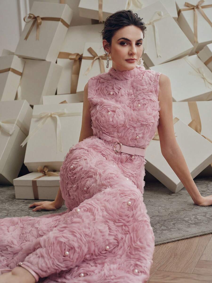 Anewsta Vestido Floral 3D de Gola Alta sem Mangas, Tecido Bordado, Vestido Cinturado Evasê, Elegante